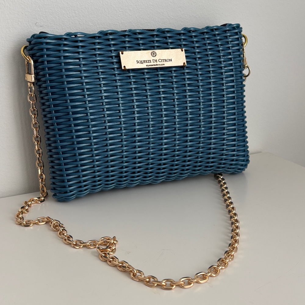 Blue wicker shoulder bag - clutch - gold accent